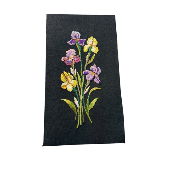 MCM Hand Embroidered Crewel Flower Black Background Unframed - Picture 1 of 9